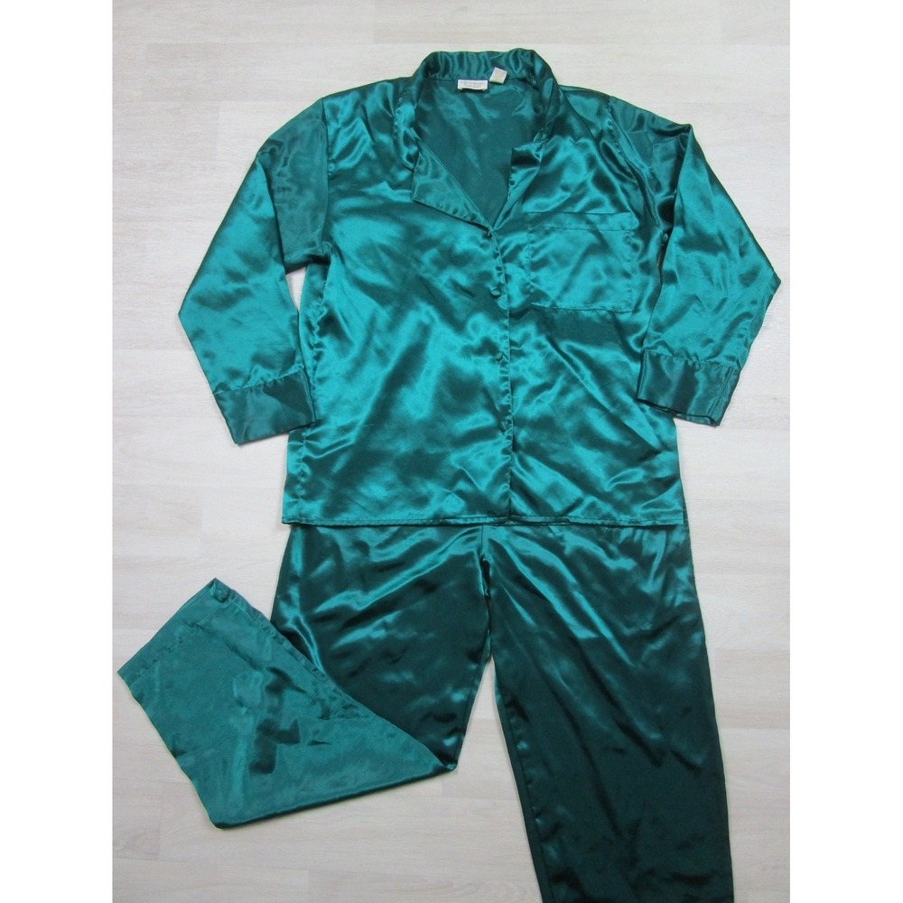 Vintage 80s Victoria's Secret Gold Label Pajama Set Size (S) Green Satin Pants